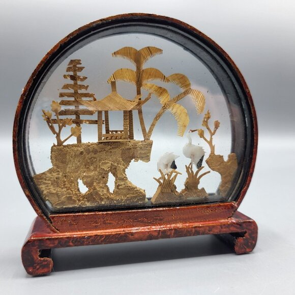 Vtg Chinese Hand Carved Cork Diorama Cranes Black Lacquer Art Stand 4" x 3.75" - Picture 1 of 16